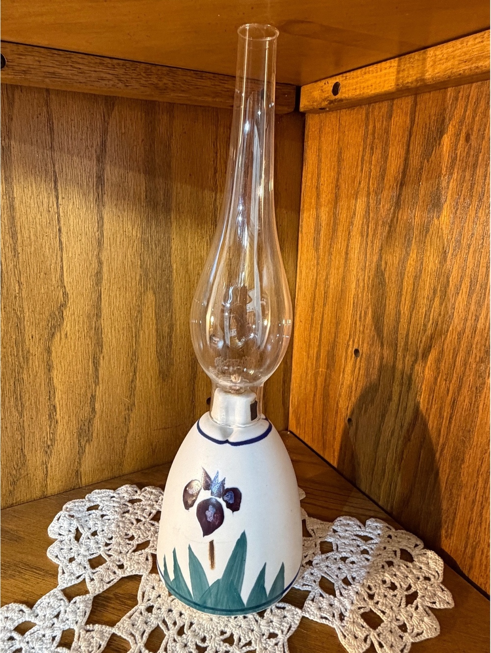 Vintage Emerson Creek Pottery Hand-Painted Iris Oil Lamp with Glass Chimney